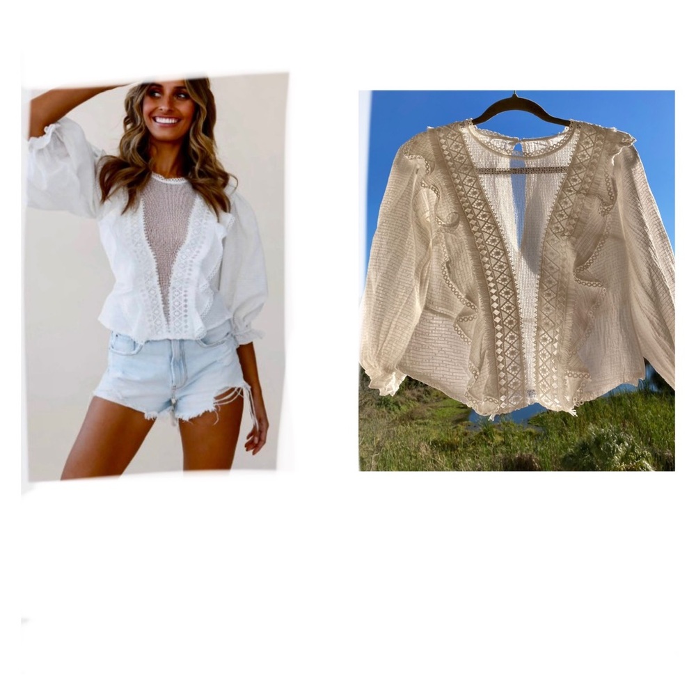 BLOUSE FESTIVAL LIGHTS PUFF SLEEVE TEXTURED TRIM DETAIL TOP WHITE SIZE: S